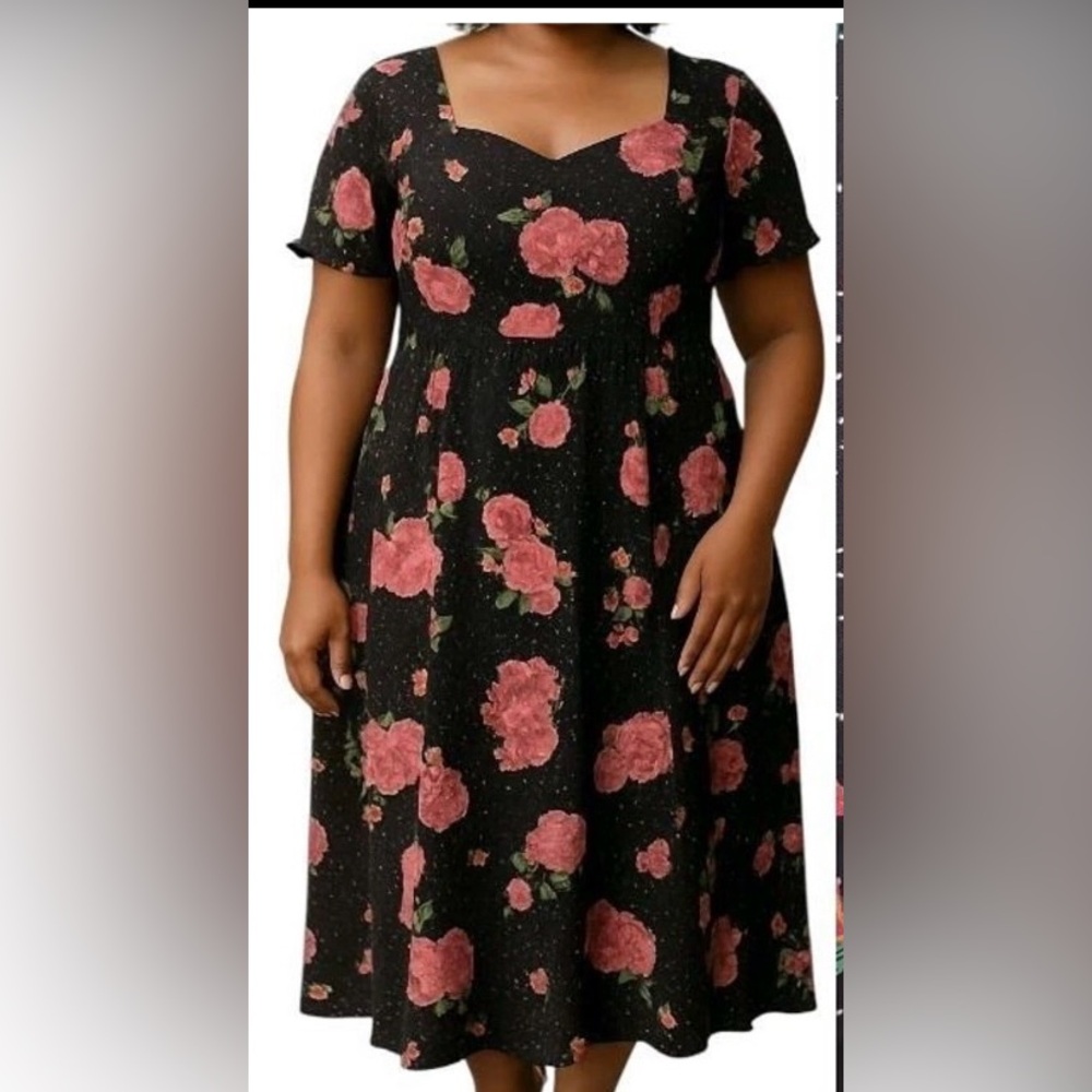TORRID Tea Length Dress Plus Size 1X Black Floral Stretch Sweetheart Neckline